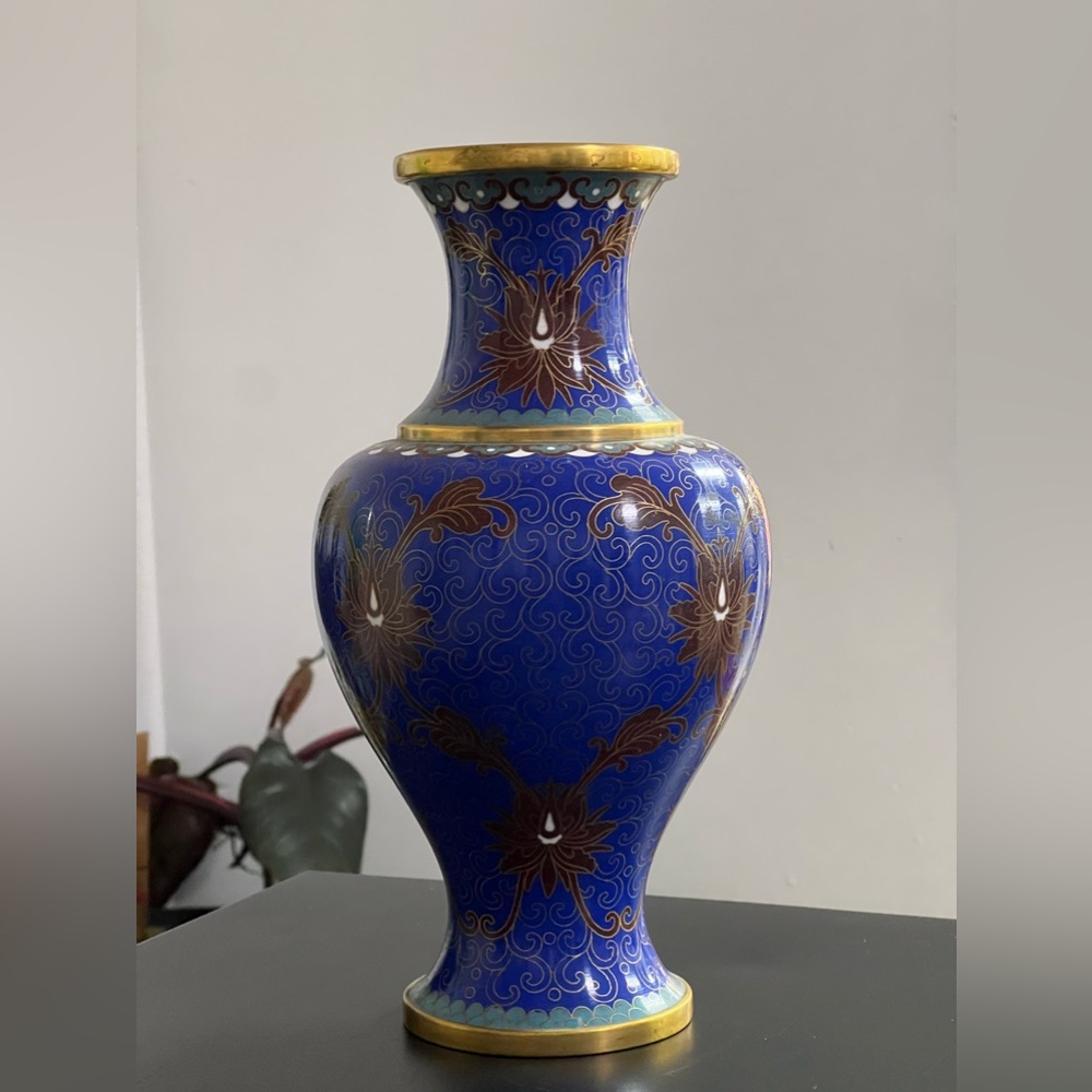 Vintage Chinese Royal Blue Cloisonné Vase 10.5”